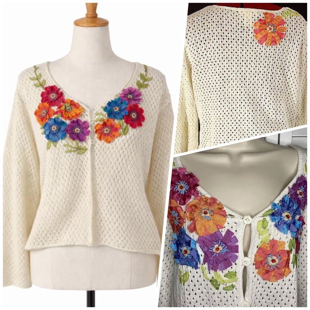 Y2k Sigrid Olsen Cardigan L Pointelle Linen/cotton Crochet 3-D Applique Flowers